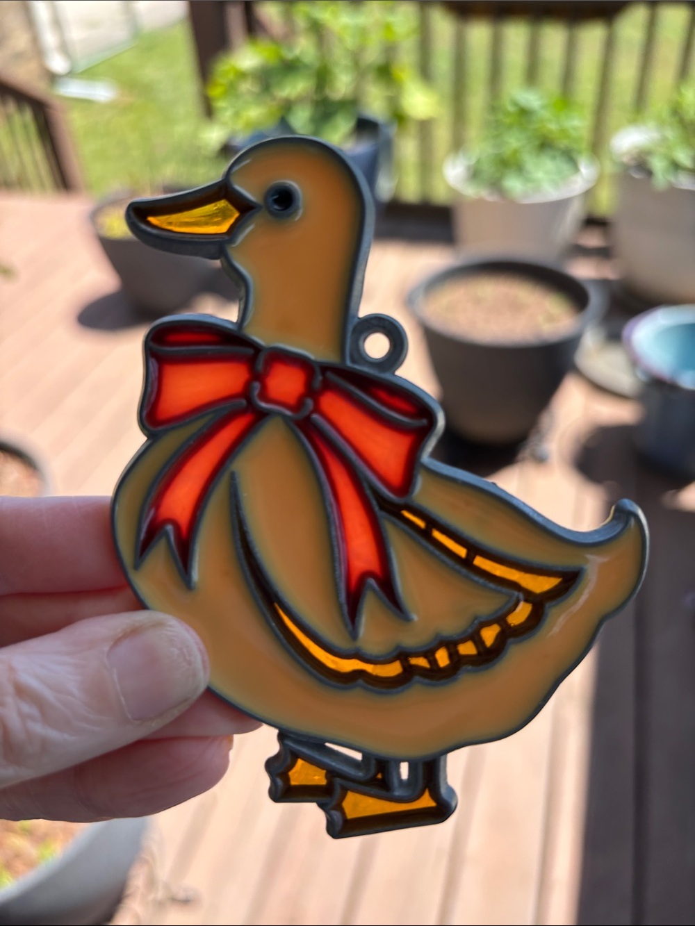🪿 Vintage Goose or Duck with Bow Sun Catcher faux stained glass 1980s decor
